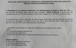 EDITAL DE CONVOCAÇÃO DE CANDIDATOS APROVADOS NO PROCESSO SELETIVO PÚBLICO PARA ESTAGIÁRIOS Nº 01/2023